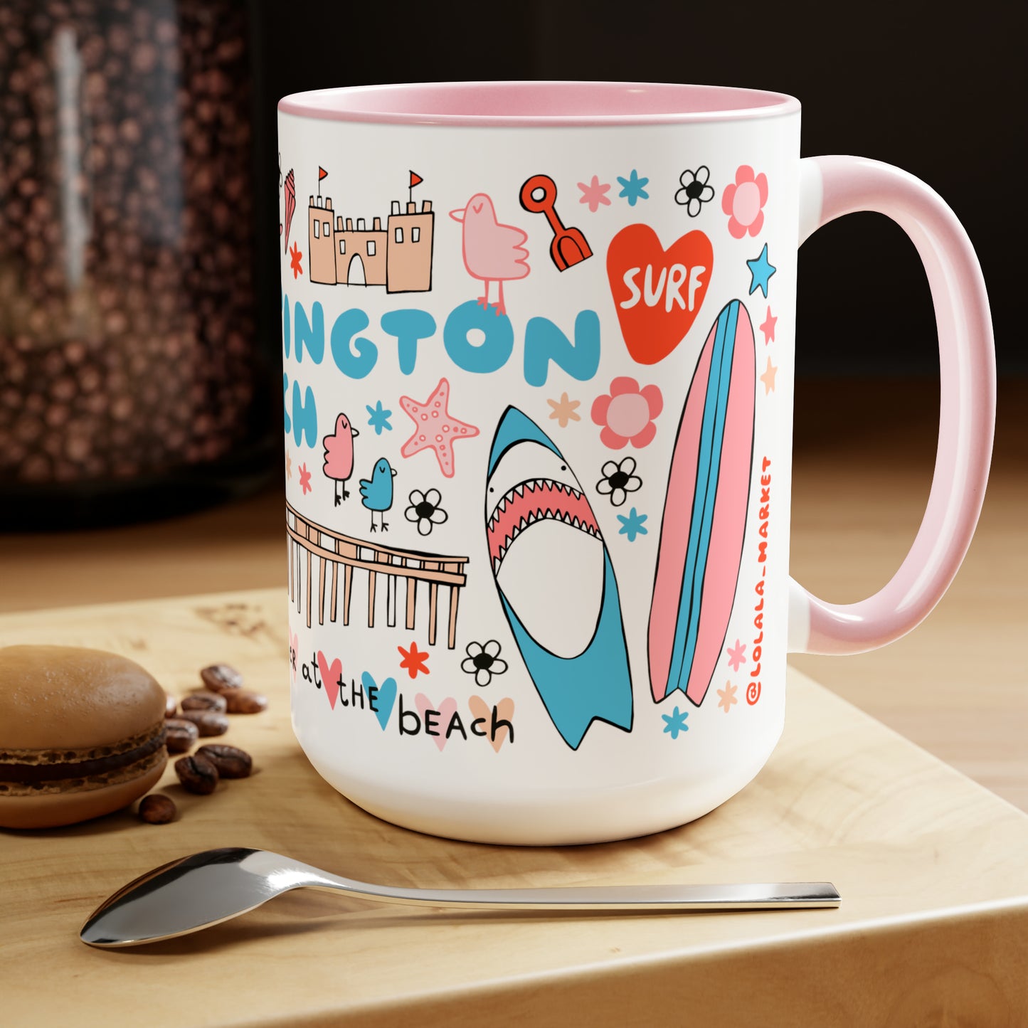 Huntington Beach - *BIG* Coffee Mug (15oz, pink)