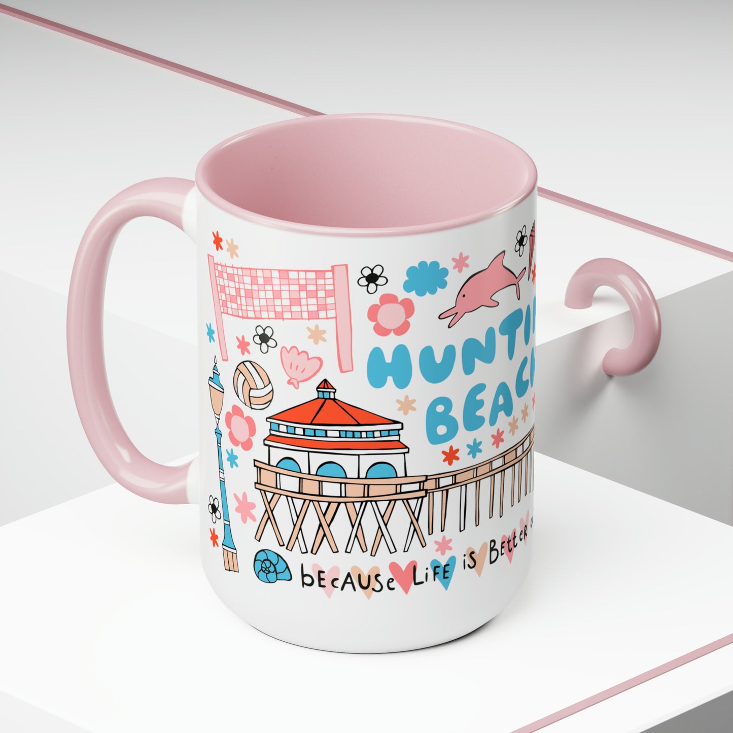 Huntington Beach - *BIG* Coffee Mug (15oz, pink)